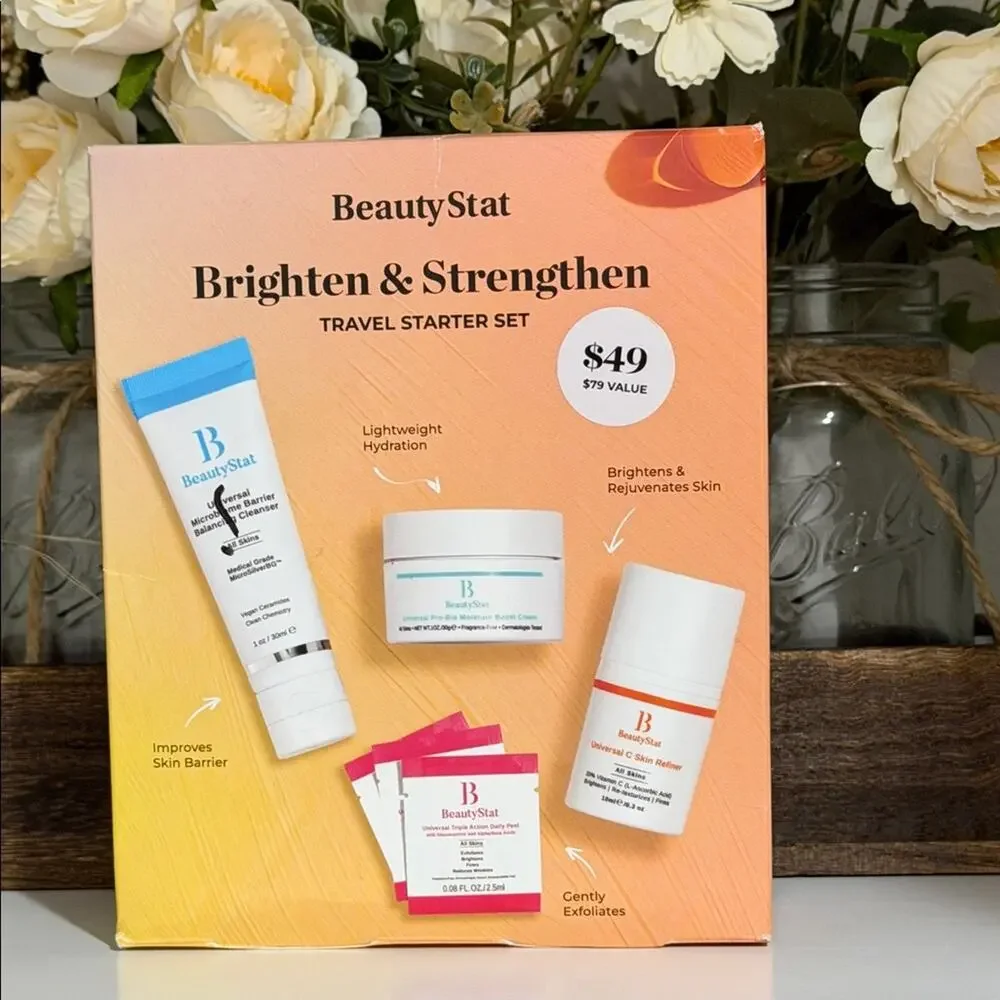 BeautyStat Travel Skincare Set in White, Pink, Blue